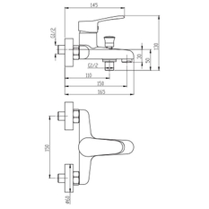 Vanová, nástěnná, páková baterie Metalia Plano rozteč 150 mm