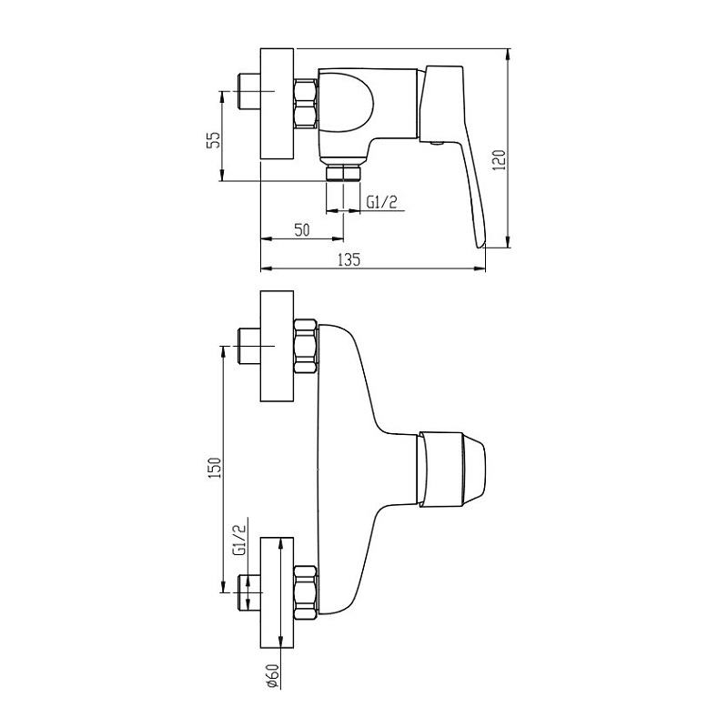 Sprchová, nástěnná, páková baterie Metalia Plano rozteč 150 mm