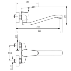 Dřezová, nástěnná, páková baterie Metalia Plano ploché ramínko 25 cm rozteč 100 mm