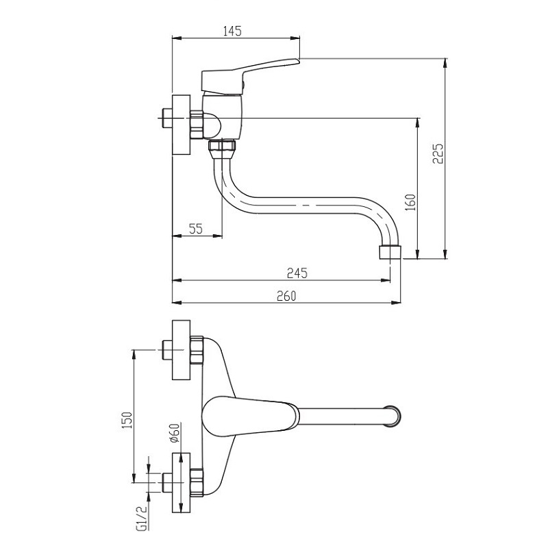 Dřezová, nástěnná, páková baterie Metalia Plano S ramínko 21 cm rozteč 150 mm