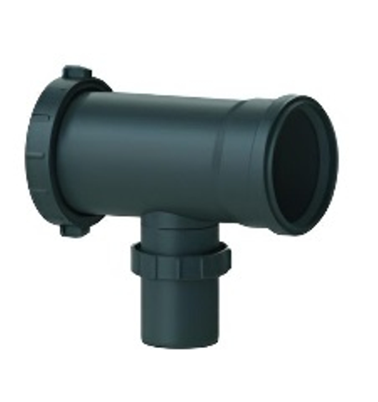 Koncový kus kaskády se zpětnou klapkou Almeva Varianta 1 - DN 80 - 315 s odbočkami 45°, 87° DN 60 - 250 mm DN 110/80, černá