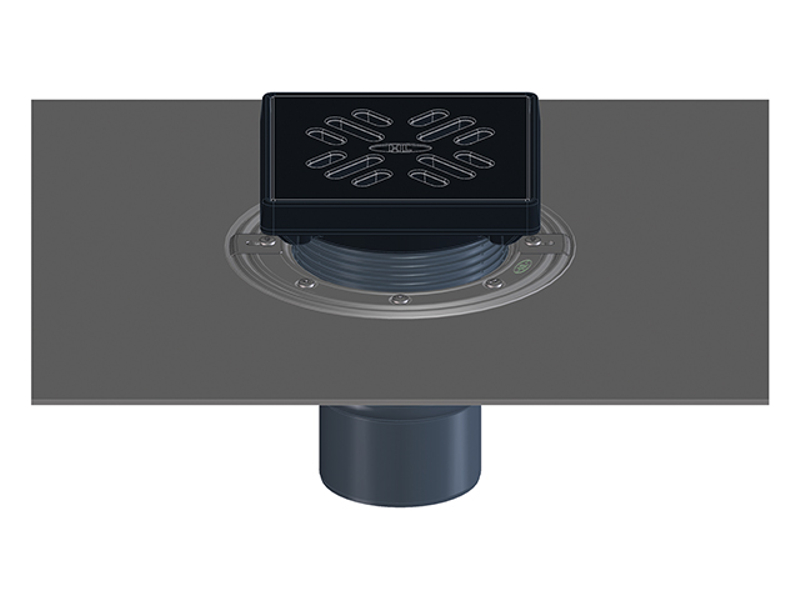 Balkonový/terasový/dvorní vtok HL Hutterer & Lechner, DN75/110 se svislým odtokem, s asfaltovou manžetou, se suchou nezámrznou zápachovou klapkou, litina 190x190mm/litina 175x175mm, sítko, plochý koš