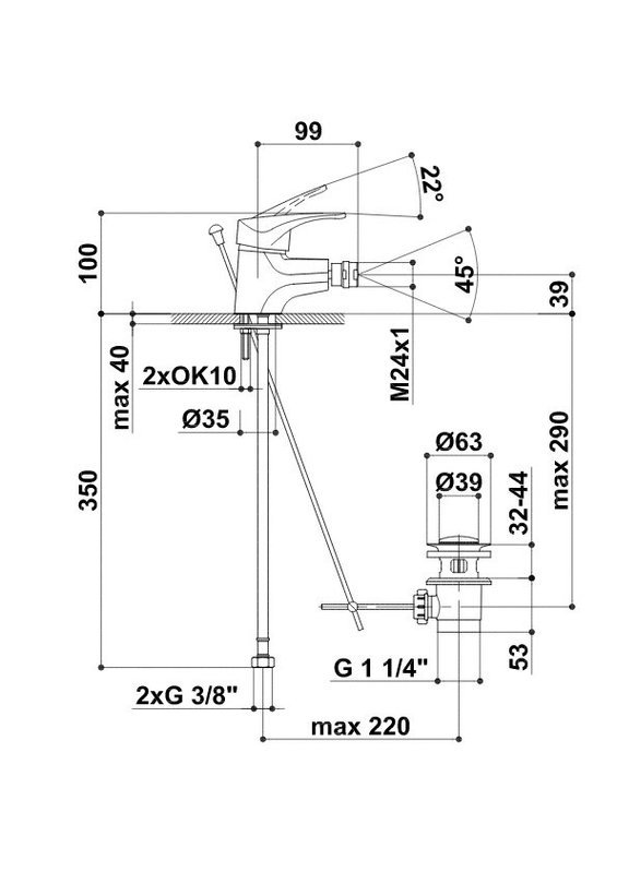 Baterie bidetová Plano Bern páková stojánková s výpustí, chrom