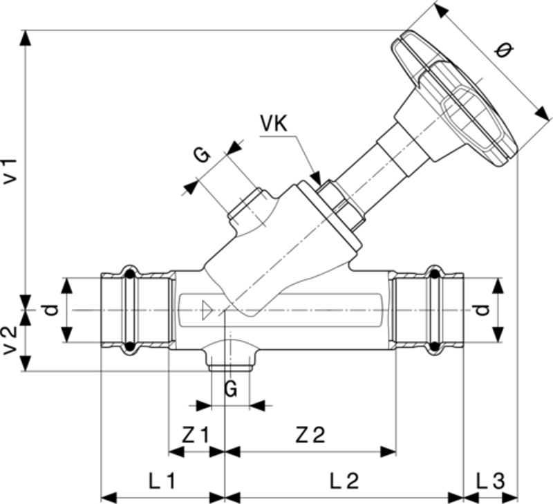KRV ventil se šikmým sedlem Viega Profipress s SC-Contur 2238.5 54