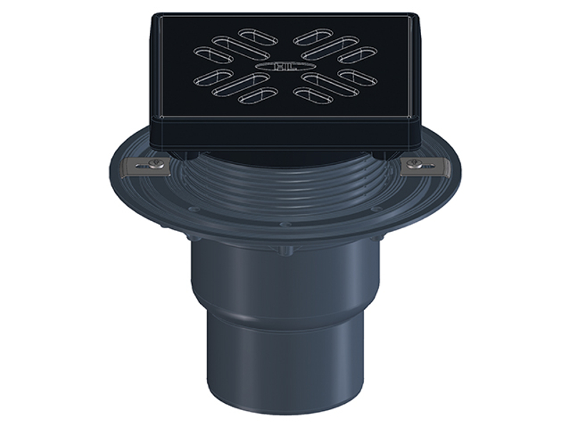 Balkonový/terasový/dvorní vtok HL Hutterer & Lechner, DN75/110 se svislým odtokem, s izolační přírubou, se suchou nezámrznou zápachovou klapkou, litina 190x190mm/litina 175x175mm, sítko