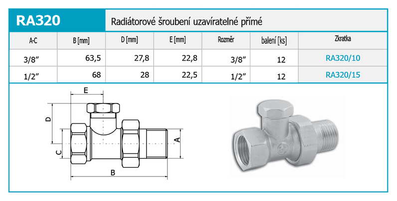 Radiatorové šroubení uzavíratelné přímé 3/8˝