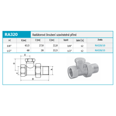 Radiatorové šroubení uzavíratelné přímé 3/8˝