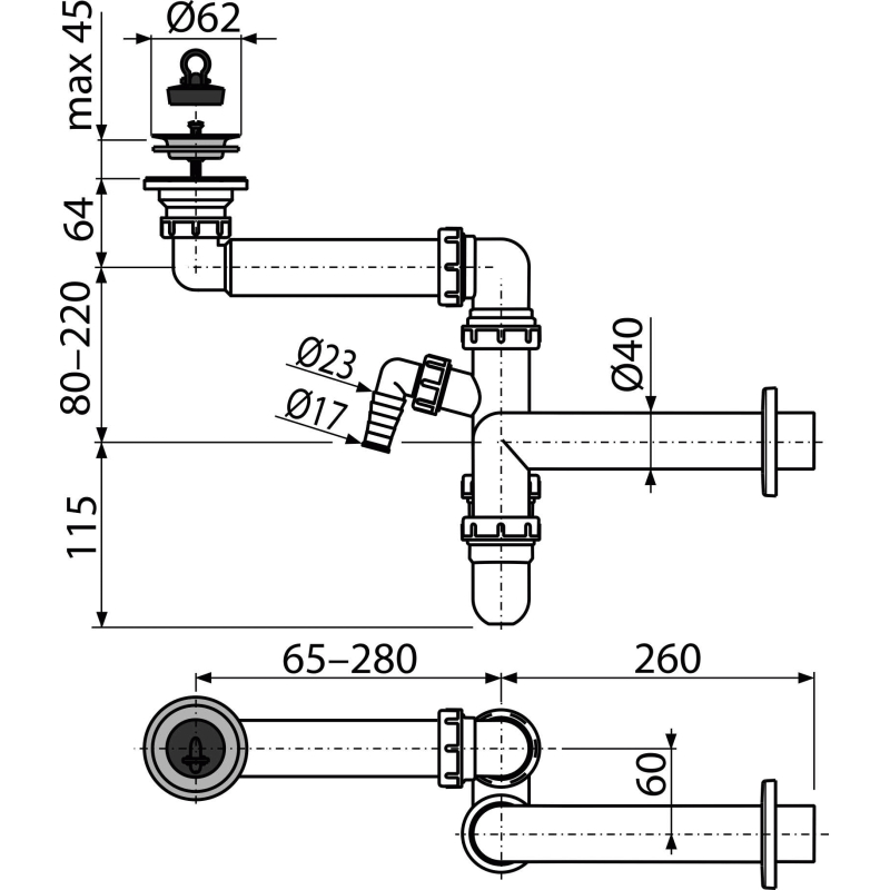 Prostorově úsporný umyvadlový sifon Alcadrain (Alcaplast) DN63 A413P-DN40