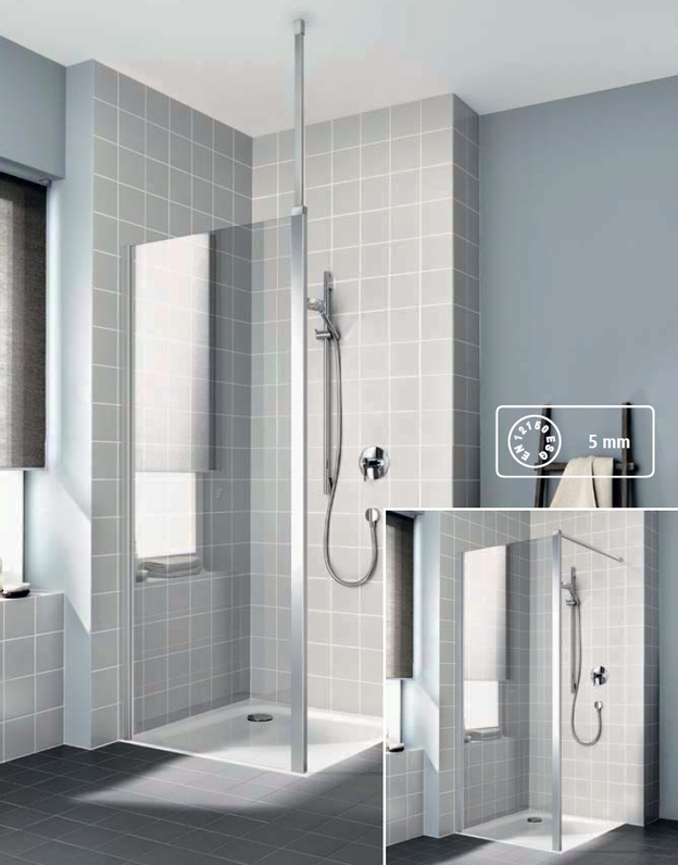 Zástěna Walk-in Wall se stěnovou nebo stropní vzpěrou Kermi Cada XS CKWDW stříbrná vysoký lesk, čiré ESG sklo s úpravou CADAclean 110 x 200 cm