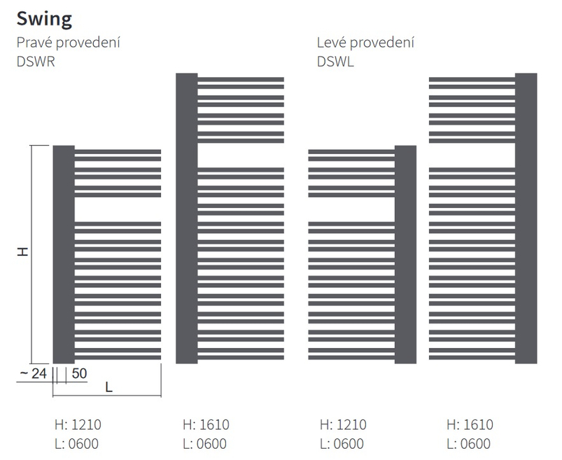 Těleso koupelnové trubkové Isan Swing 1610 x 600 mm, 818 W, levé, klasické připojení, sněhově bílá RAL 9016