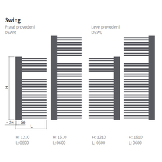 Těleso koupelnové trubkové Isan Swing 1610 x 600 mm, 818 W, levé, klasické připojení, sněhově bílá RAL 9016