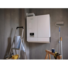 Sestava kotel kondenzační kombinovaný závěsný Vaillant ecoTEC plus ioniDetect VUW 26CS/1-5 ecoTEC plus, se zásobníkem vpravo od kotle VIH QL 75/2 B, 70l, 2,7 - 21,0 kW, s průtokovým ohřevem teplé vody 26,0 kW