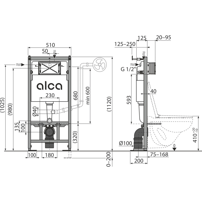 Předstěnový instalační systém Alcadrain (Alcaplast) pro suchou instalaci (do sádrokartonu) AM101/1120F