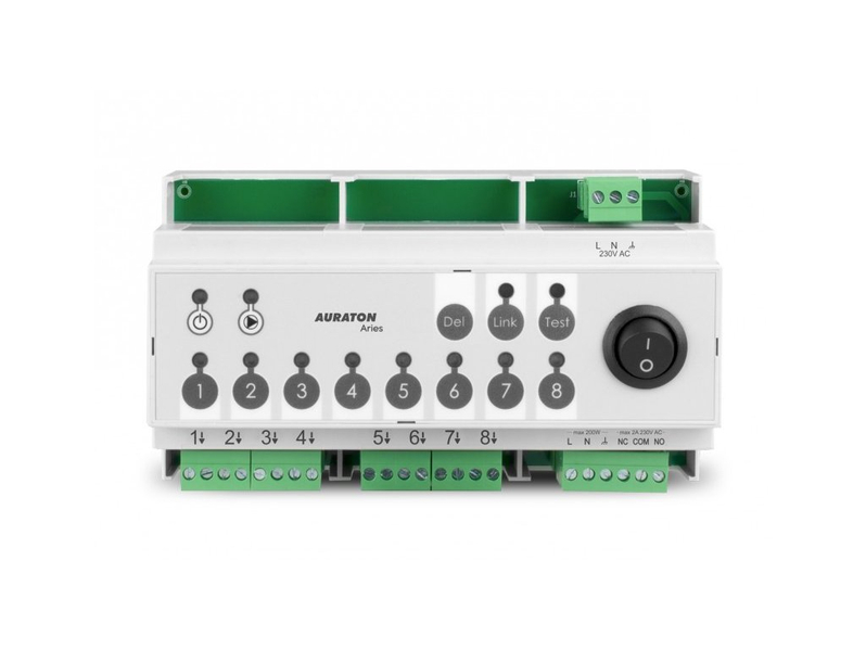 Bezdrátový ovládací terminál Auraton Aries (8D PRO RTH), určený k montáži do rozvodnice (šířka 9 modulů) a následnému řízení pohonů na rozdělovači podlahového vytápění 1-8 zón