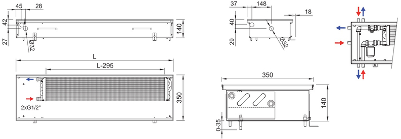 Konvektor podlahový s přirozenou konvekcí Isan Termo FRK 140 x 350 x 1000 mm, 481 W, připojení vlevo, výměník ocelový, mřížka Natur příčná rolovací hliník