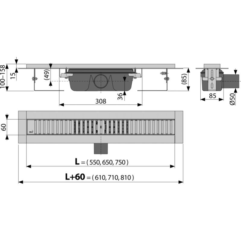 Podlahový žlab Alcadrain (Alcaplast) s okrajem pro perforovaný rošt APZ1SMART-LINE-550