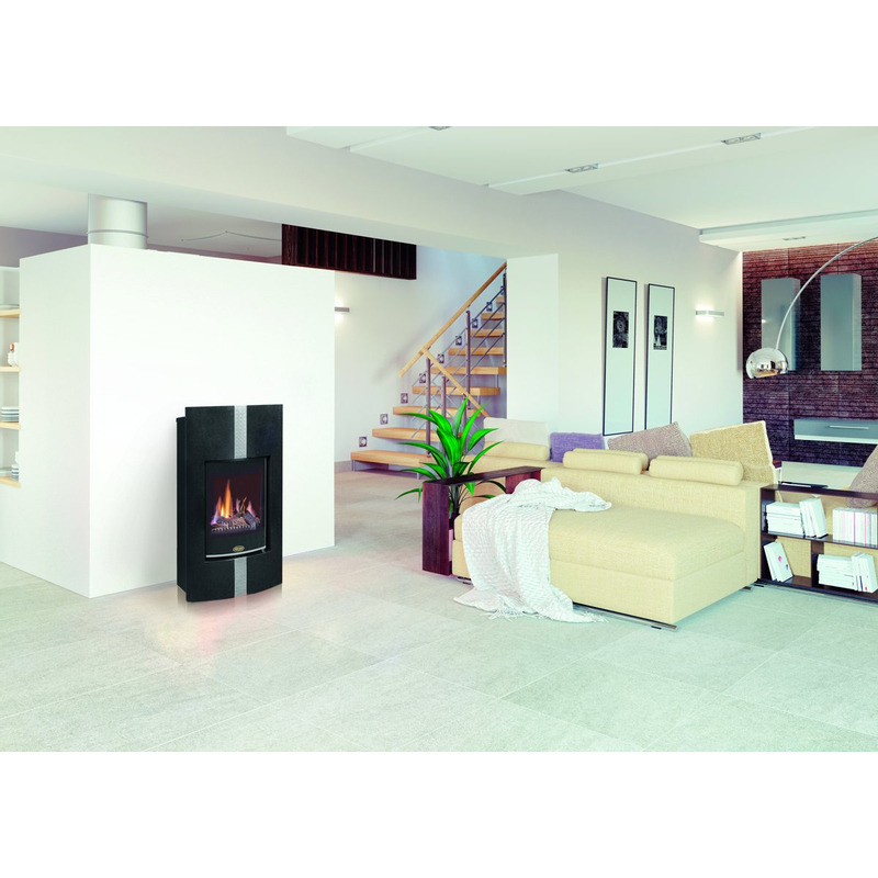 Volně stojící plynová krbová kamna Karma Decore PB, s výkonem 4,2 kW, odtah spalin vyveden do komína, granit