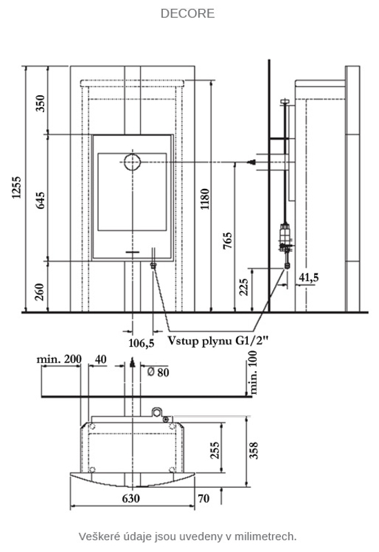 Volně stojící plynová krbová kamna Karma Decore PB, s výkonem 4,2 kW, odtah spalin vyveden do komína, granit