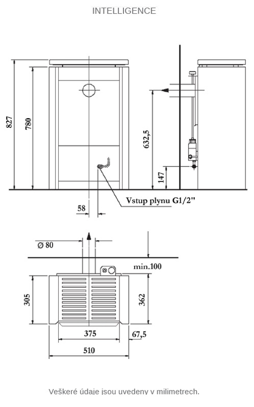 Volně stojící plynová krbová kamna Karma Intelligence ZP, s výkonem 5,0 kW, odtah spalin vyveden do komína, mastek