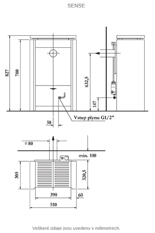Volně stojící plynová krbová kamna Karma Sense ZP, s výkonem 5,0 kW, odtah spalin vyveden do komína, mastek