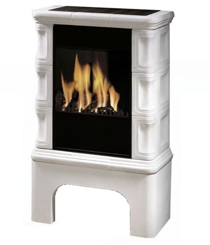 Volně stojící plynová krbová kachlová kamna Karma Art PB, s výkonem 4,2 kW, odtah spalin vyveden do komína, bílá