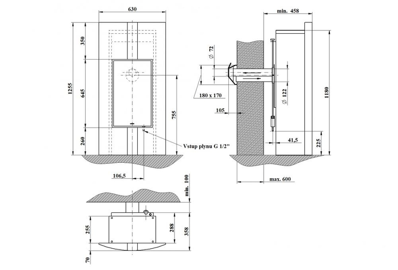 Volně stojící plynová krbová kamna Karma Decore W ZP, s výkonem 5,0 kW, odtah spalin přes zeď, granit