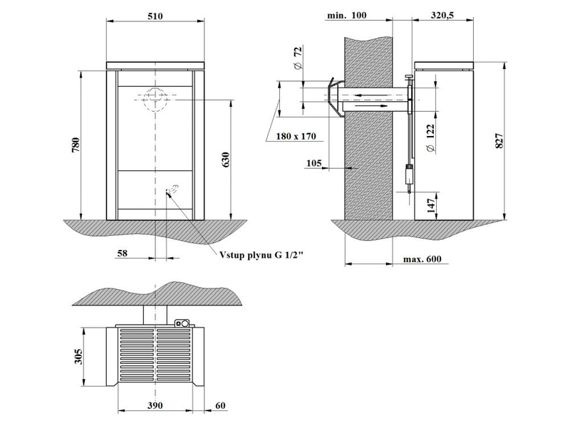 Volně stojící plynová krbová kamna Karma Sense W ZP, s výkonem 5,0 kW, odtah spalin přes zeď, mastek