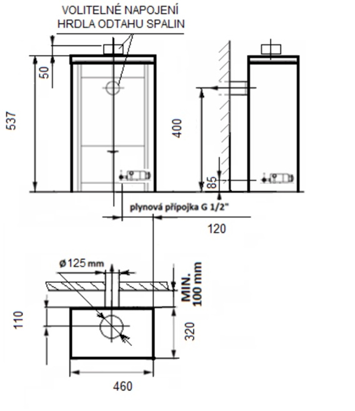 Volně stojící plynová krbová kamna Karma Ideal ZP, s výkonem 5,9 kW, odtah spalin vyveden do komína, mechanické ovládání, černý plech