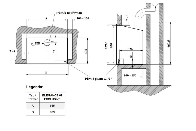 Vestavný plynový krb Karma Elegance Exclusive 67 ZP, s výkonem 8,9 kW, bez krycího rámečku, grey metallic