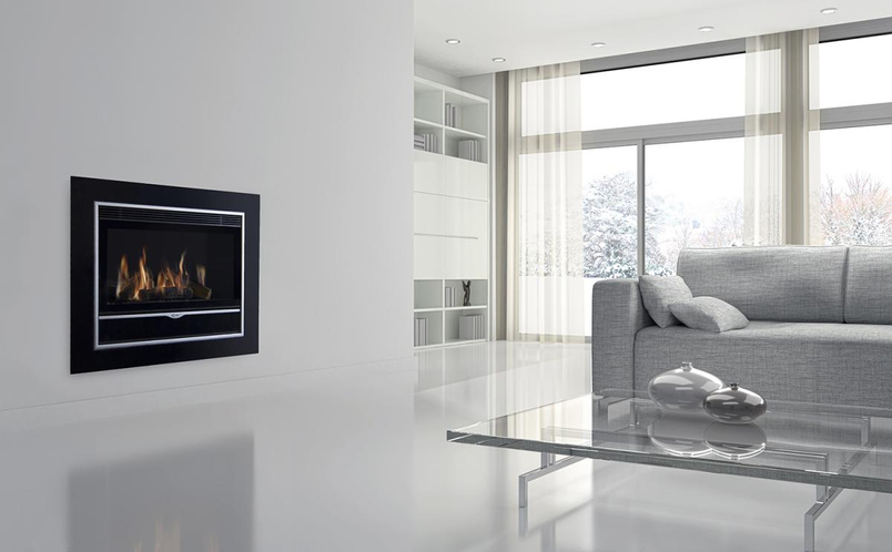 Vestavný plynový krb Karma Elegance Exclusive 77 ZP, s výkonem 8,9 kW, bez krycího rámečku, antracit metallic