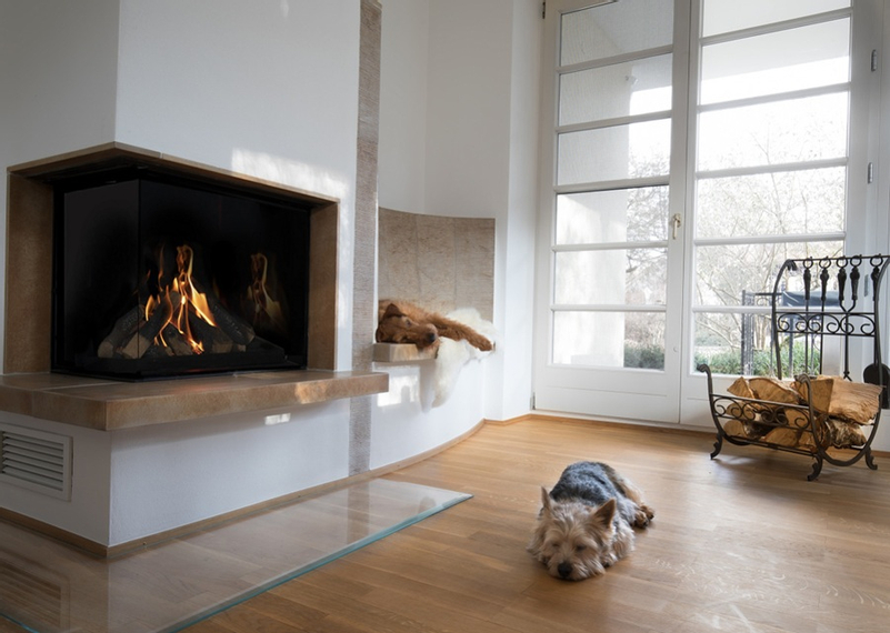 Krb plynový prosklený Karma Noblesse 90 LF (prosklení na levé straně do tvaru ˝L˝), o výkonu 4,3 - 13,2 kw, černý vnitřní panel