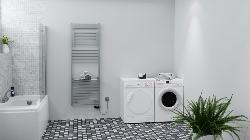 Těleso koupelnové trubkové Isan Flexi s háčky 1135 x 39 mm, 492 W, elektrické s regulátorem Mini PW, sněhově bílá RAL 9016