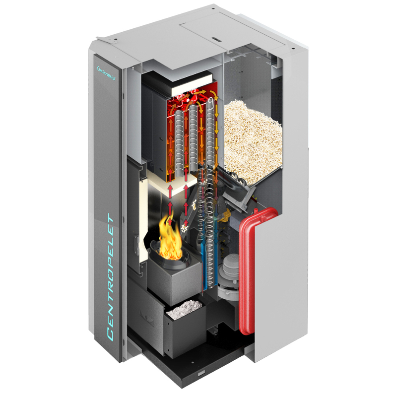 Kotel teplovodní kompaktní na pelety Centrometal Centropelet ZVB-PA 32 kW, s automatickým čištěním roštu a odpopelněním