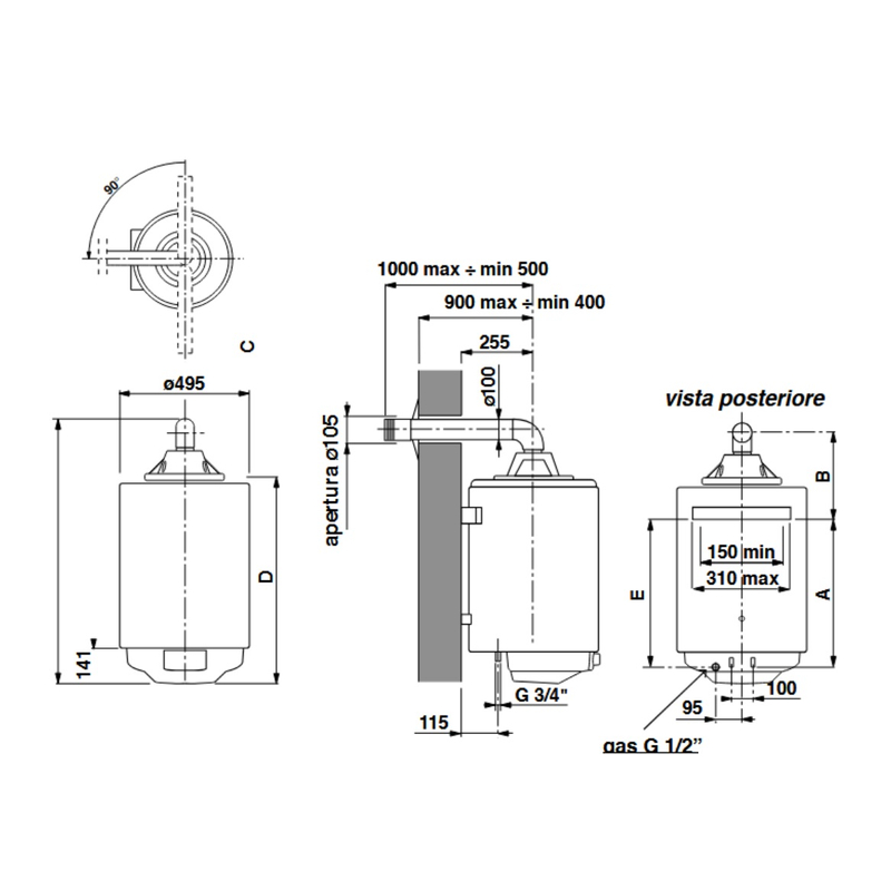 Ohřívač plynový nástěnný Ariston S/SGA BF X 100 EE, 100L, 3,68KW