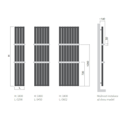 Těleso topné designové Isan Collom Uni 1800 x 450 mm, 1053 W, kombi + klasické připojení, sněhově bílá RAL 9016