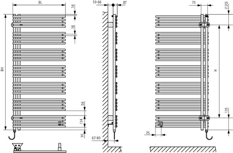 Těleso koupelnové trubkové elektrické Kermi Diveo-E 1320 x 450 mm, elektrosada WRX vlevovo 600 W, bílé