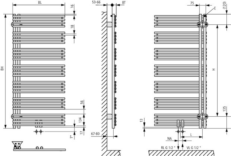 Těleso koupelnové trubkové Kermi Diveo 1320 x 450 mm, levé, připojení středové 567 W, stříbrné