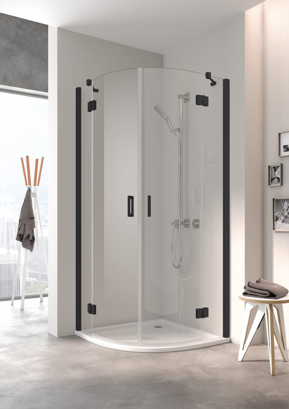 Kout čtvrtkruhový s otočnými dveřmi a pevnými poli Kermi Osia OSE55 černá soft RAL9005/čiré ESG sklo s úpravou OSIAclean 90 x 90 x 200 cm