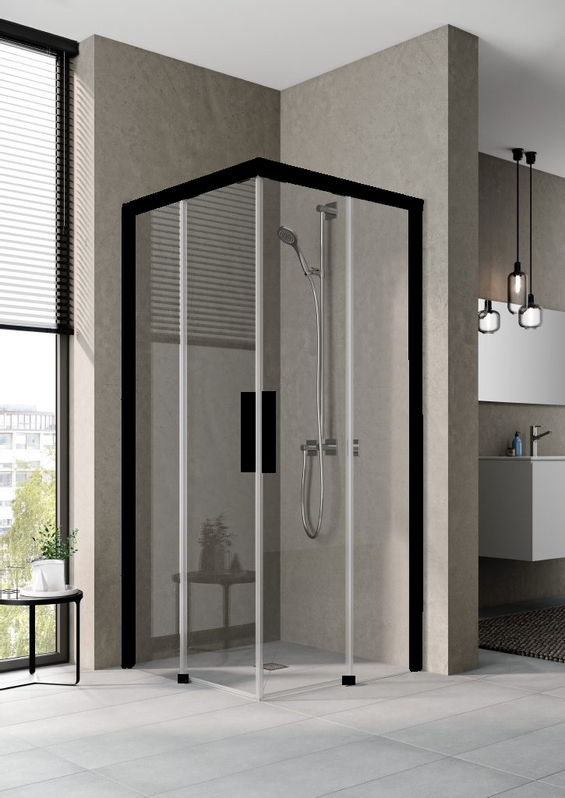 Dveře 2-dílné posuvné bezbariérové (pravá část rohového vstupu) Kermi Nica NIC2R pravé, černá soft RAL9005, čiré ESG sklo s úpravou 103 x 200 cm