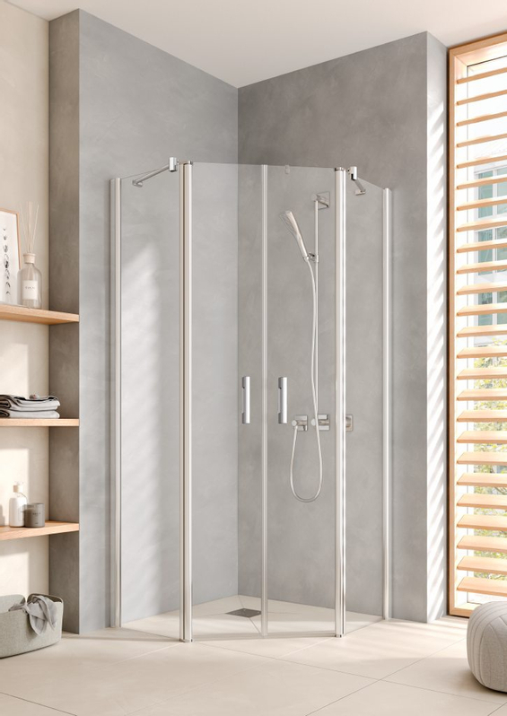 Pětiúhlý sprchový kout - kyvné dveře s pevnými poli Kermi Pega PEF43 stříbrná vysoký lesk, čiré ESG sklo 90 x 90 x 200 cm