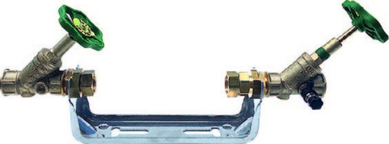 Držák vodoměru Greiner + ventily Schlösser, nerez - 1˝ připojovací šroubění 1˝ x 1˝ - 190 mm - Qn 2,5