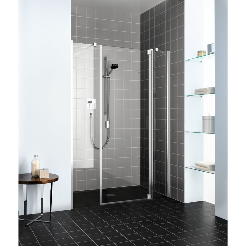 Dveře kyvné 1-křídlé s pevnými poli Kermi Raya RA1AR pravé stříbrné vysoký lesk, čiré ESG sklo s úpravou 150 x 185 cm