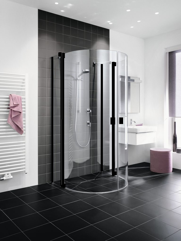 Půlkruhový sprchový kout s kyvnémi dveřmi a s pevnými poli Kermi Raya RAZ20 černý, čiré ESG sklo s úpravou 100 x 90 x 200 cm