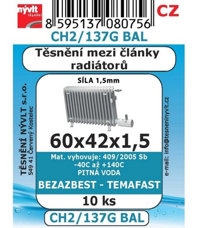 Sada těsnění mezi články topení ploché Nývlt TEMAFAST 60 x 42 x 1,5 mm, balení 10 ks