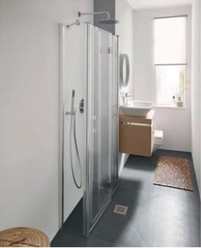 U-Kabina zalamovací dveře s pevnými poli a pevné pole Kermi LIF2U bílá, čiré ESG sklo s úpravou 90 x 90 x 185 cm