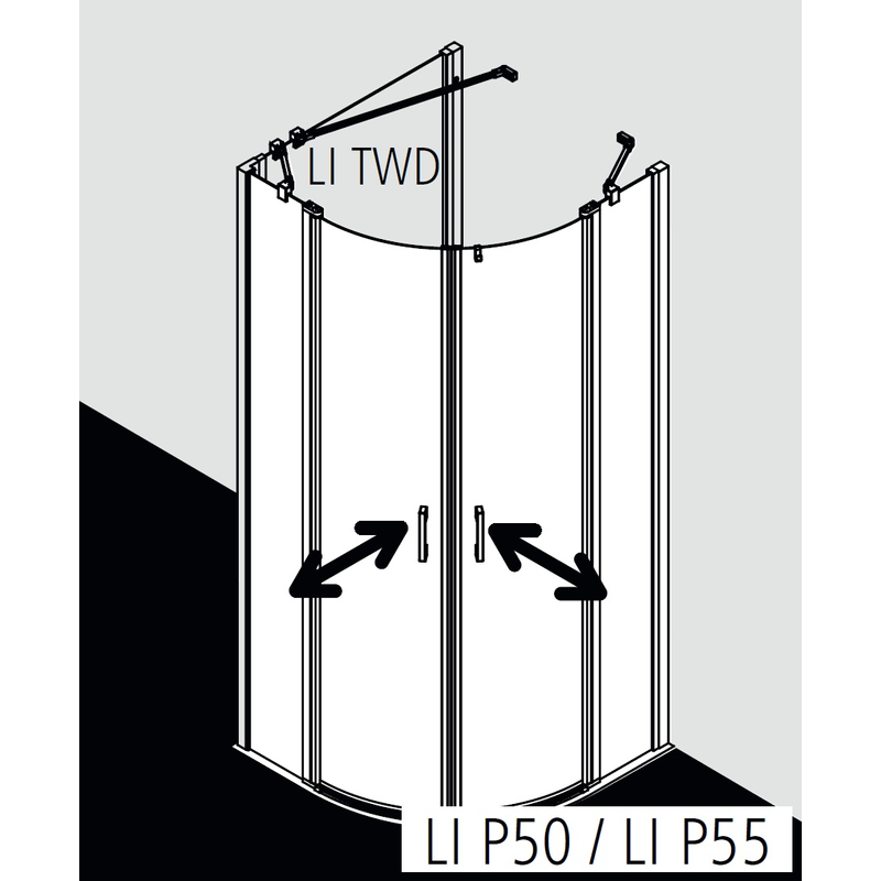 Čtvrtkruhový sprchový kout s kyvnémi dveřmi a pevnými poli Kermi Liga LIP55 R550 černá, čiré ESG sklo 90 x 90 x 200 cm