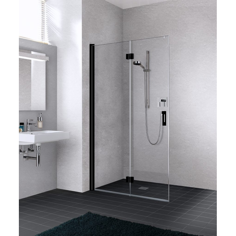 Zástěna Walk-in Wall kyvné zalamovací provedení Kermi Liga LI2YL levá černá, čiré ESG sklo s úpravou 80 x 185 cm