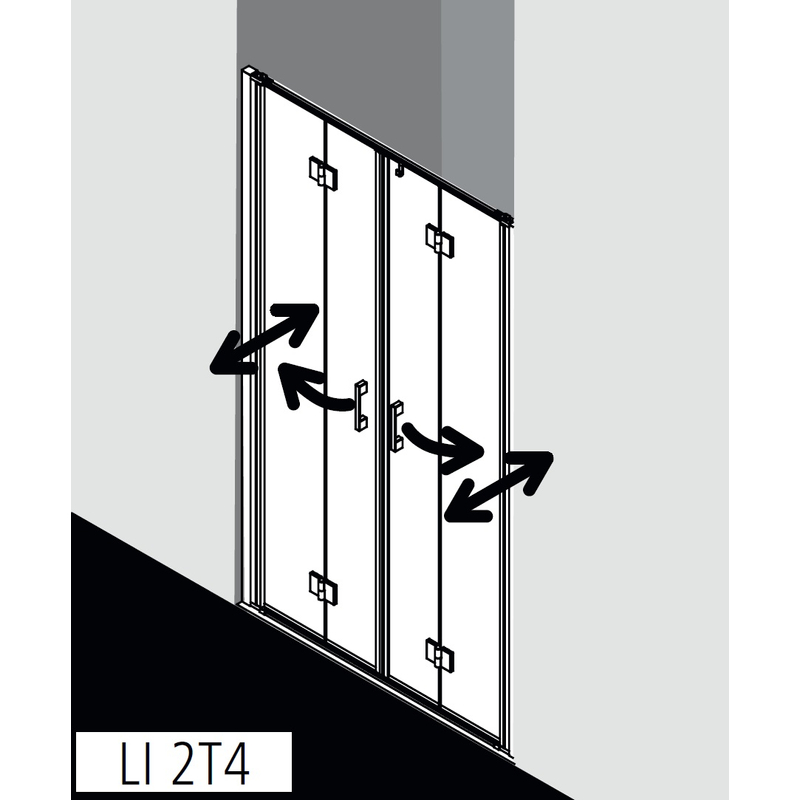 Dveře kyvné zalamovací 4-dílné Kermi Liga LI2T4 stříbrné vysoký lesk, čiré ESG sklo 120 x 200 cm