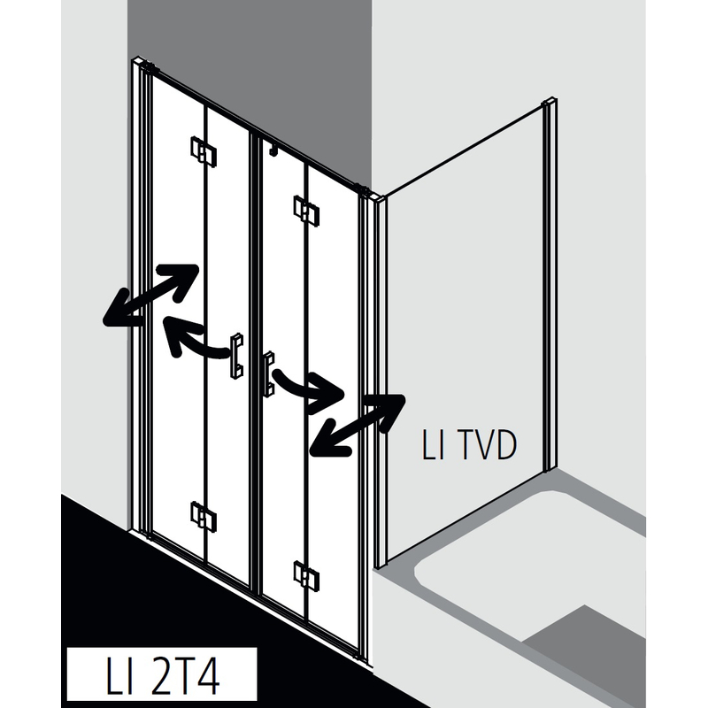 Dveře kyvné zalamovací 4-dílné Kermi Liga LI2T4 stříbrné vysoký lesk, čiré ESG sklo 125 x 200 cm