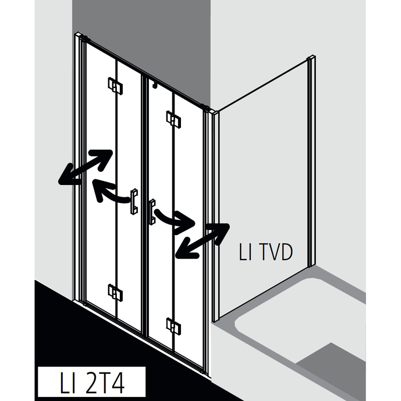 Dveře kyvné zalamovací 4-dílné Kermi Liga LI2T4 stříbrné vysoký lesk, čiré ESG sklo 130 x 200 cm